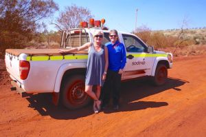Dearne and Nicky at the road entrance to the West Angelos Mine, 70 south of Karijini National Park