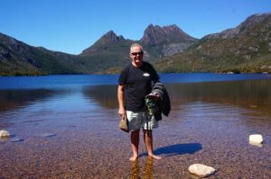 The Captain 'sort of getting wet' in Dove Lake at Cradle